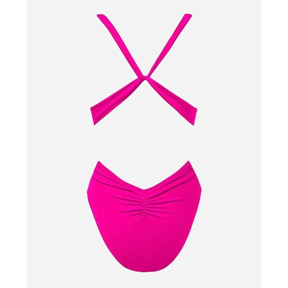 NEW CUPSHE Womens Hot Pink Deep V Neck Cut Out Cross Back One Piece Swimsuit XL
